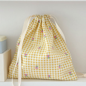 Yellow Checkered Floral Cotton Drawstring Bag Fresh Minimalist Instagram-worthy Storage Bag for Travel Organizing Small Items - Product Image 2