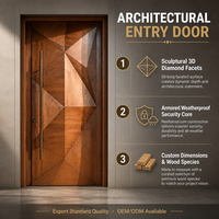 Porte d'entrée en bois grainé avec poignée triangulaire géométrique en bronze, porte d'entrée moderne pour villa, appartement ou maison
