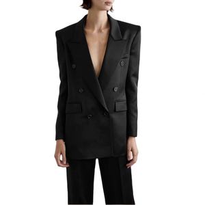 Abrigo Minimalista de Doble Botonadura para Primavera y Otoño, Nuevo Abrigo Femenino de Seda y Satén con Hombreras y Mangas Largas - Product Image 1