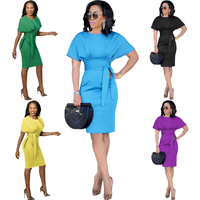 Robe de bureau professionnelle pour femmes, nouveau design, manches courtes, longueur midi avec ceinture, motif uni, style décontracté, teinture unie