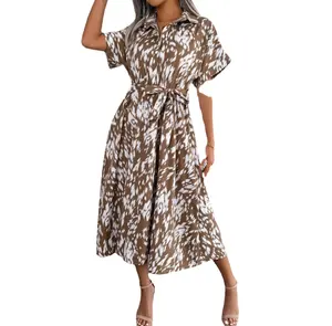 Été européen et américain Robe chemise décontractée à la taille à imprimé léopard vêtements pour femmes