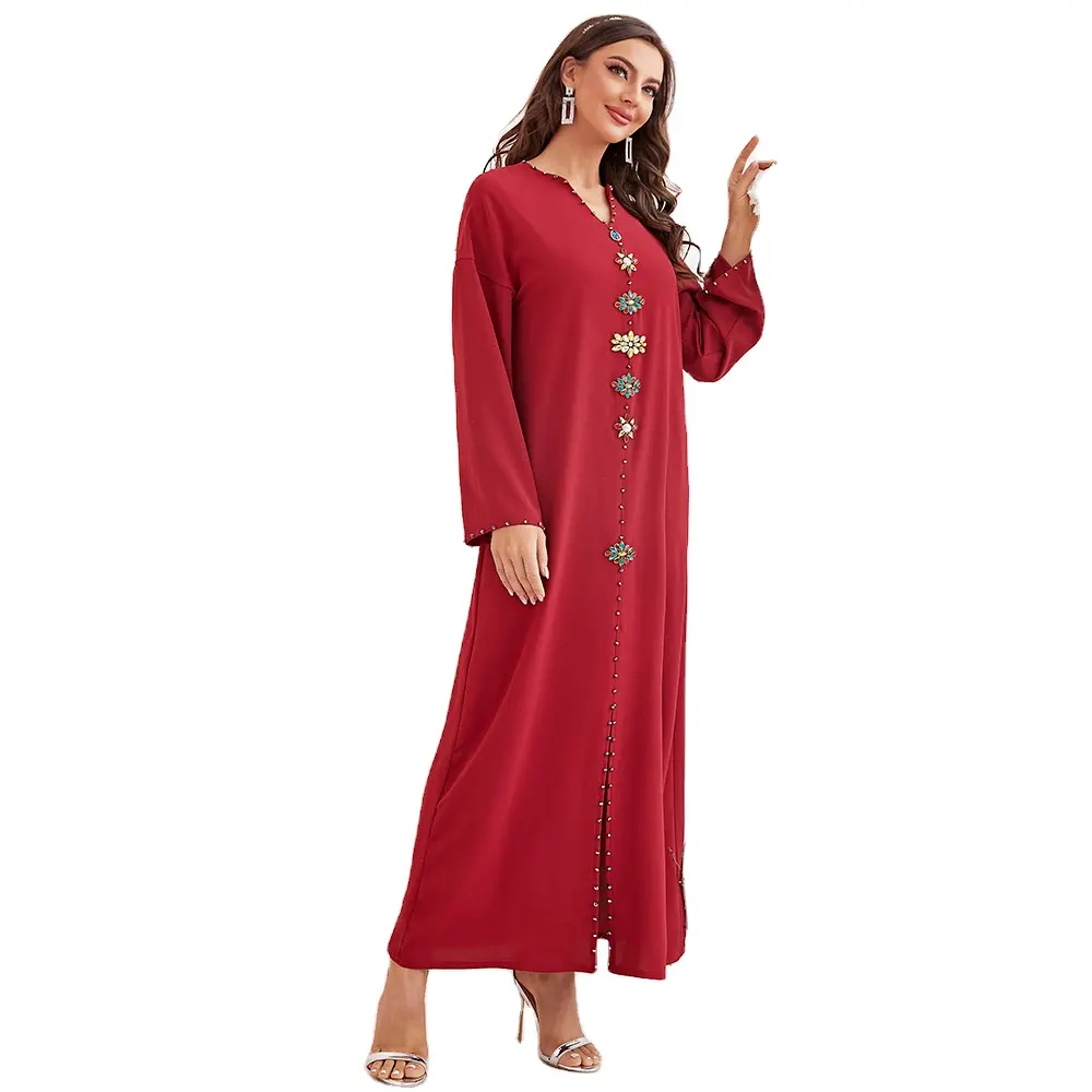 Robes de mariée islamiques à manches longues et col en V femmes dame robe élégante musulmane frauen abaya