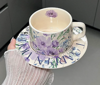 Ensemble tasse et soucoupe en céramique et porcelaine, motif hortensia, style peinture à l'huile vintage, coffret cadeau de luxe pour le thé de l'après-midi, souvenir élégant