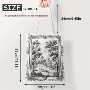 Sac fourre-tout élégant en toile de Jouy avec impression double face, design spacieux et durable pour le travail, l'école, les voyages, la randonnée, le camping, 1 pièce - Product Image 6