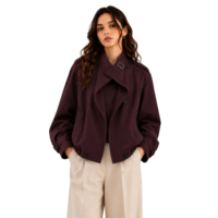 Veste trench courte pour femme, style vintage, col roulé, fermeture éclair sur le devant, manches évasées, poches, doublure polaire automne, capuche amovible, tendance