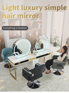 Venta al por mayor peluquería belleza barbería peluquería doble LED espejo dedicado hogar tocador mármol con armario espejo - Product Image 6