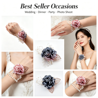 Boutonniere Buatan Tangan dengan Mutiara, Daun Logam, dan Manik-manik Satin Burgundy untuk Pengantin Pria, Pendamping Pengantin, Dekorasi Pernikahan, dan Pesta Prom