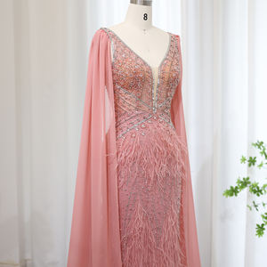Sharon Said SS027 Luxus Abendkleid Federn Rosa Meerjungfrau Cape Ärmel Dubai Frauen Langes Abendkleid Hochzeits kleid - Product Image 3