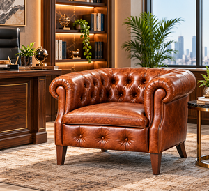 Sillón Clásico Tapizado en Cuero Cognac con Botones Profundos, Reposabrazos Enrollados y Asiento Acolchado de Lujo para el Hogar - Product Image 1