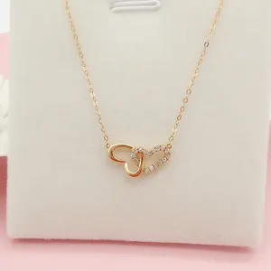 Correntes de colar com pingente de diamante e coração, colar de ouro real 18k, corrente para a namorada, rosa, dourado, beleza, corrente natural