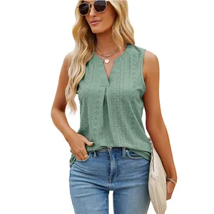 Women Oem Long Blouse Shirt 2023 Summer Ladies Sleeveless Blouse Female Simple Tops With Hole Design