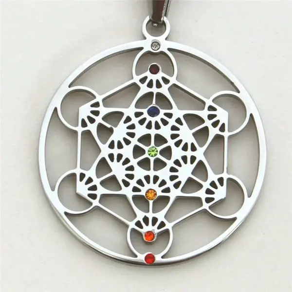 Yiwu Aceon Stainless Steel Shinny Geometry Jewelry Metatron Pendant in Stainless Steel with inlaid Chakra Color Stone Pendant