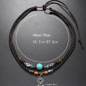 Vintage Style Multi-layer Turquoise Beads Woven Leather Necklace Personalised Alloy Antique Copper Coin Pendant Men's Necklace