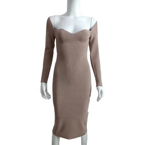 Nouveaux fabricants de robes en tricot côtelé <span class=keywords><strong>Robe</strong></span> midi sexy à manches longues et col bas pour femmes - Product Image 3