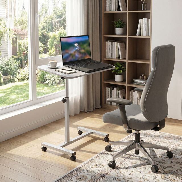 Compact Adjustable Metal Pneumatic Lift Laptop Workstation Cart Movable Side Desk Tilting Top Platform for Sofa Bed Home Office