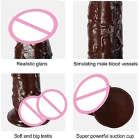 Dildo realista de silicona suave color café oscuro con ventosa, ecológico, para mujeres, juguete sexual, dildo negro.