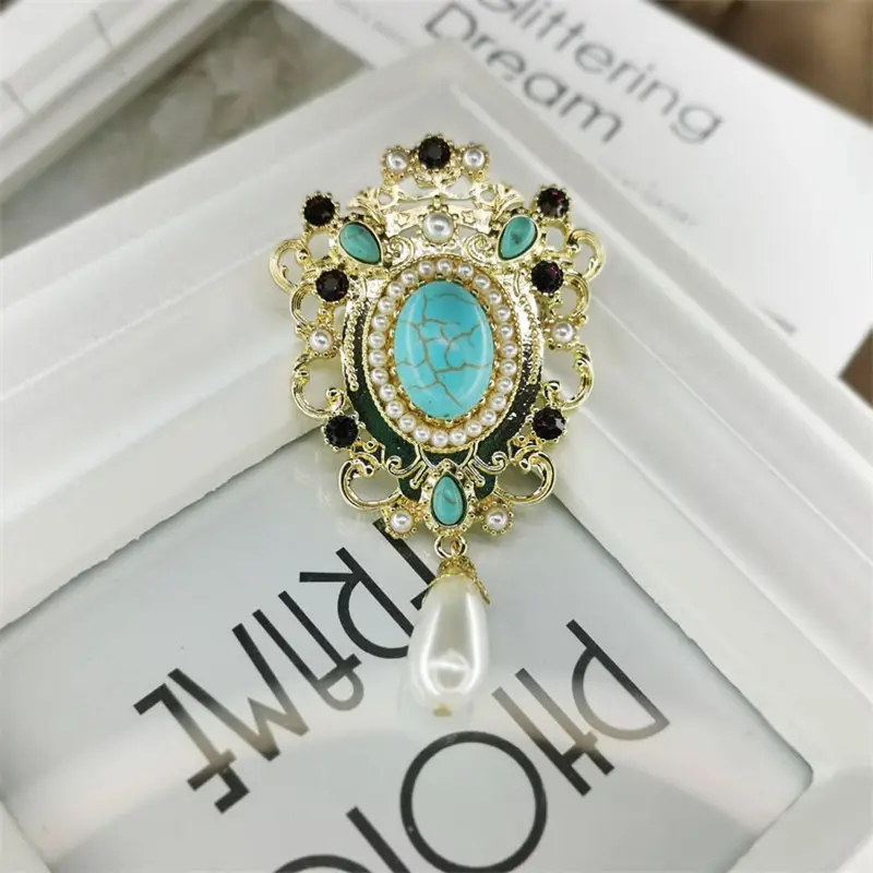 European American Court Style Pearl Brooch Turquoise Alloy Vintage Jewelry Brooch Special Design Women Lady Jewelry