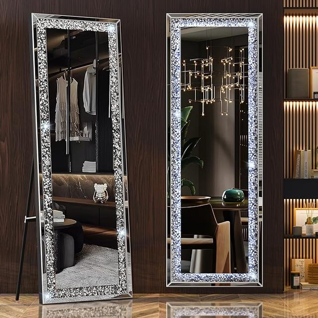 JH Glass Full Body Luxury Home Decor Smart Mirror Touch Sensor Mirror With Lights and Crystal Crush Diamond Hanging for Bathroom