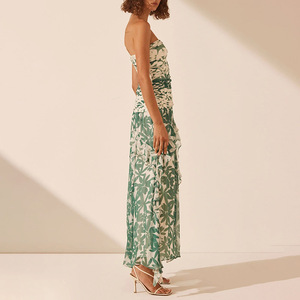 Robe longue en mousseline de soie à imprimé floral sans bretelles, taille empire plissée, robe de soirée pour femmes - Product Image 3