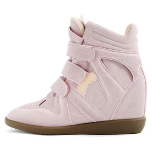 Baskets compensées pour <span class=keywords><strong>femme</strong></span> en daim rose à <span class=keywords><strong>talon</strong></span> haut, plateforme, bout rond, triple bride, fermeture auto-agrippante, style <span class=keywords><strong>tennis</strong></span>, décontractées - Product Image 1