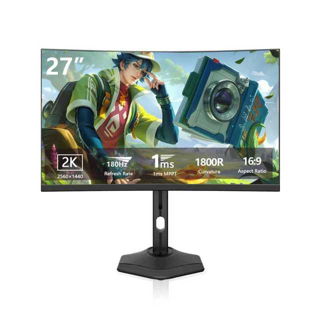 27-Inch 2K HDR LCD Gaming PC Display with Lifting Base 2560*1440P 180Hz 1800R Curved High Refresh Rate DP Interface for Desktop