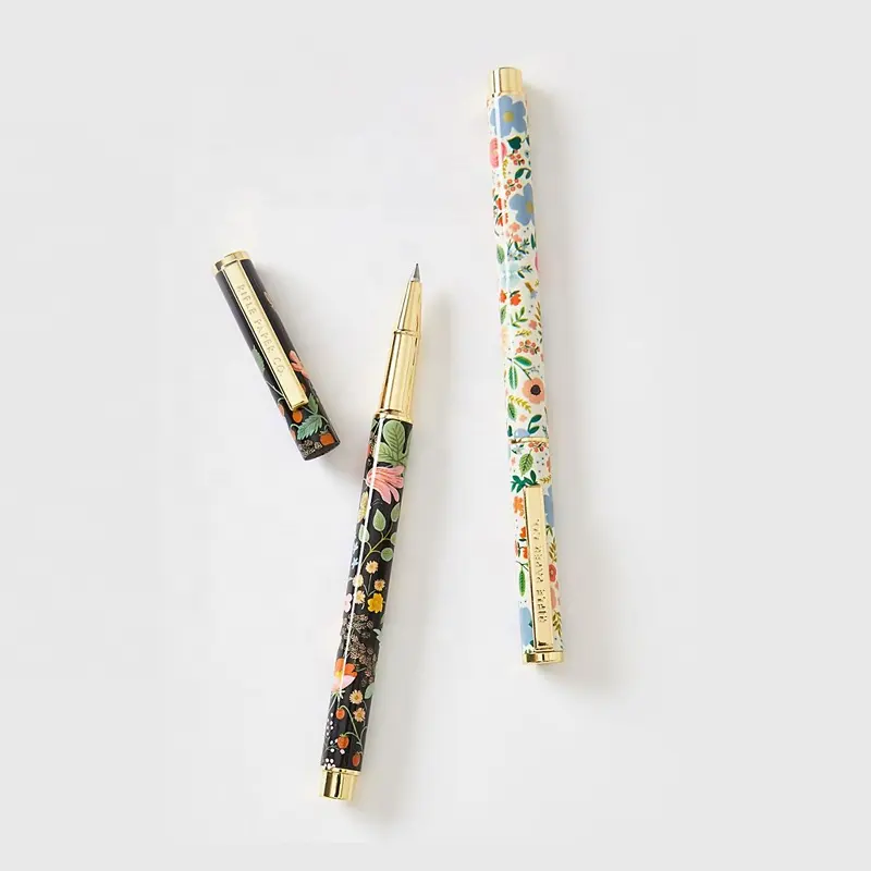 Penna roller in gel di metallo elegante ed elegante in oro di lusso penna con stampa floreale personalizzata per set regalo da donna