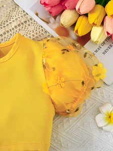 Ensemble de vêtements d'été pour filles de <span class=keywords><strong>4</strong></span> à 7 <span class=keywords><strong>ans</strong></span>, <span class=keywords><strong>veste</strong></span> à manches bouffantes en coton doux jaune, jupe en maille florale, deux pièces - Product Image 5