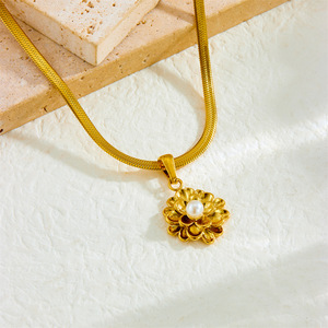 Gold Plated Lotus Pearl Pendant Stainless Steel Chain Necklace Flower Shape Gift Jewelry N3194 - Product Image 2