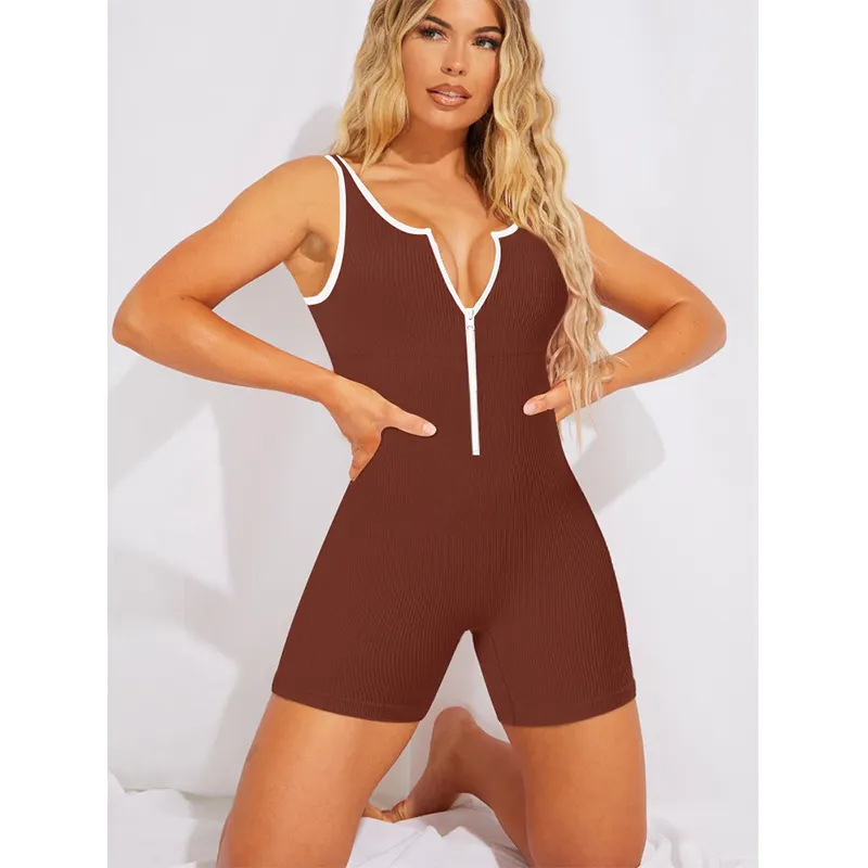 Nueva llegada Rib Sexy mujeres Bodysuits corto Onesie sin mangas piel amigable transpirable gimnasio Casual sin costuras Yoga monos