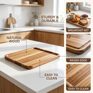 Ensemble de plateaux de service en bois d'acacia, modernes, multifonctionnels, empilables, à un seul niveau, finition polie, rangement, cuisine, maison, hôtel, restaurant - Product Image 4