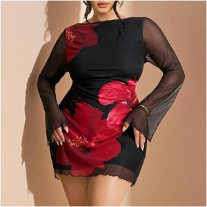 Robe mini en maille transparente à fleurs pour femmes, taille plus, manches longues, style bodycon, col rond, en mousseline de soie - Product Image 5