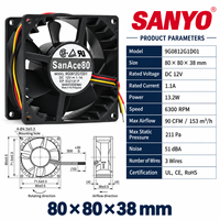 Ventilateurs axiaux à double roulement à billes Sanyo 12V DC 1.10A 13.2W 80x80x38mm 8038 3 fils à haut débit d'air 9G0812G1D01 pour refroidissement d'onduleur