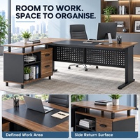 Bureau de direction en forme de L avec structure en acier et finition bois, avec armoire de rangement intégrée, idéal pour les projets professionnels (vente en gros)