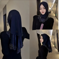 Hijab instantané de luxe en lin patchwork orné de cristaux et de strass roses, style Dubaï, pour femmes musulmanes