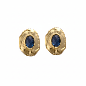 Iolite Hydro <b>Quartz</b> Stud <b>Earrings</b> Trendy Wholesale Gold Plating Bezel Set Oval Shape with Hammered Texture Made of Brass - Product Image 1