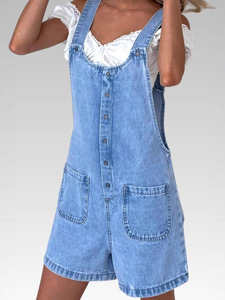 Combinaison courte en jean délavé vintage pour <span class=keywords><strong>femme</strong></span>, sans manches, boutonnée sur le devant, avec poches, bleu clair, style <span class=keywords><strong>bermuda</strong></span>, pour l'été - Product Image 4