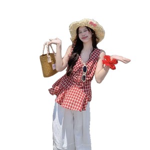 <b>Red</b> Plaid V-Neck <b>Vest</b> Women Summer Slim Fit Pleated Camisole <b>Top</b> Chic Outerwear Solid Color Twist Design - Product Image 4