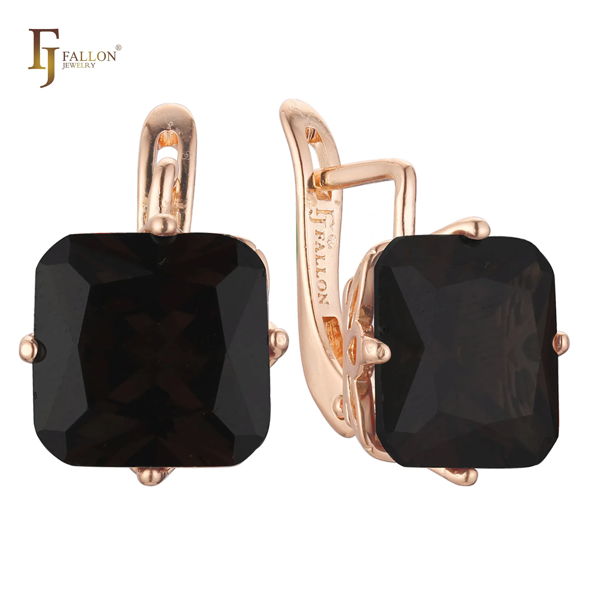 F82200006-07 FJ Fallon Fashion Jewelry Big Emerald Cut Black Cubic Zirconia Solitaire Clip-On Earrings Plated In Rose Gold