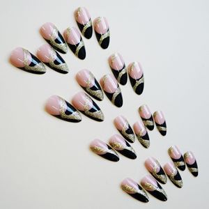 <span class=keywords><strong>Uñas</strong></span> postizas francesas <span class=keywords><strong>negras</strong></span> <span class=keywords><strong>con</strong></span> purpurina dorada, <span class=keywords><strong>uñas</strong></span> postizas largas tipo stiletto, <span class=keywords><strong>uñas</strong></span> acrílicas reutilizables de cobertura completa para mujer - Product Image 4