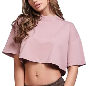 Camiseta feminina de algodão, camiseta cropped de ombro tamanho grande