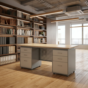 Modern Convertible Pedestal Office Desk with 6 Drawers Central Modesty Panel Iron Frame <b>Wood</b> Top Freestanding for Commercial Use - Product Image 6