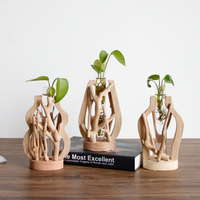 Vase en verre décoratif pour la maison, pot à fleurs solide, récipient hydroponique créatif en verre, vase de table en bois fait main pour plantes