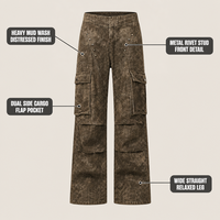 Pantalon Homme Marron Personnalisé, Délavé Effet Boue, Effet Vieilli, Double Poches Cargo à Rabat, Rivets Métalliques, Coupe Large Droite pour Streetwear