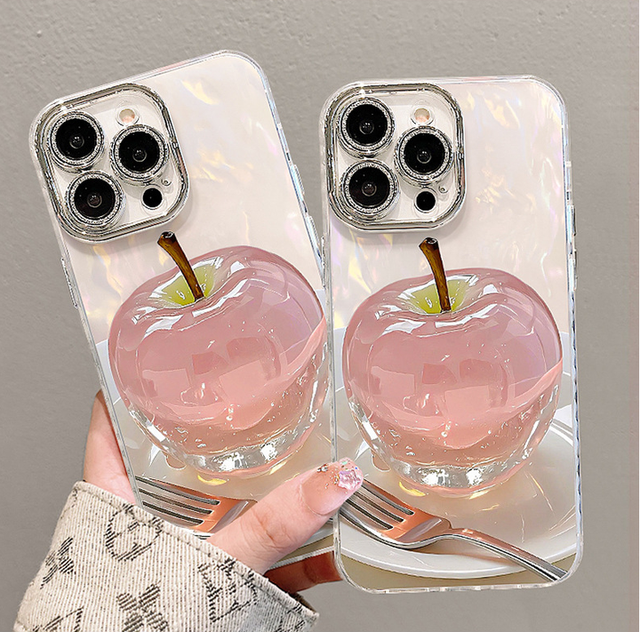 Luxury Crystal apple Pattern with Pearl Chain Suitable TPU Lens Diamond Encrusted Phone Case for Iphone 16 15 14 13 12 Pro Max