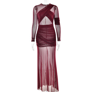 Robe moulante à manches longues en maille pour femme, style mariage, avec jupe longue, design transparent et empiècements, effet body extensible - Product Image 5