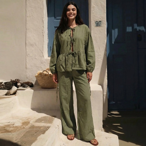Women's Green <b>Linen</b> 2-Piece Set Long Sleeve O-Neck <b>Top</b> With Ruffles Loose Fit Wide Leg Pants Casual Spring Summer Outfit - Product Image 5
