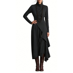 Vestido largo maxi de cuello alto para mujer, de manga larga, con volantes asimétricos, ajustado al cuerpo, a la moda - Product Image 2