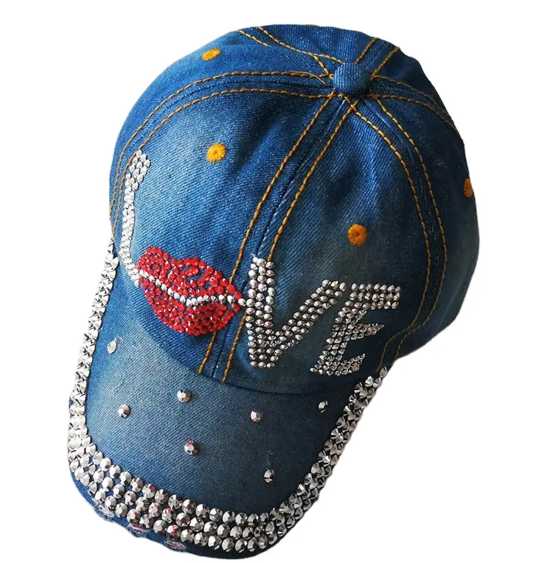 Denim Pearls Rhinestones Beaded Baseball Cap Hat Heart Studded Black Women's