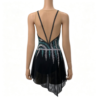 Robe de patinage artistique sans manches noire et verte à dos en V, en tissu maillé avec strass pour enfants et adultes, pour compétition et performance sur glace