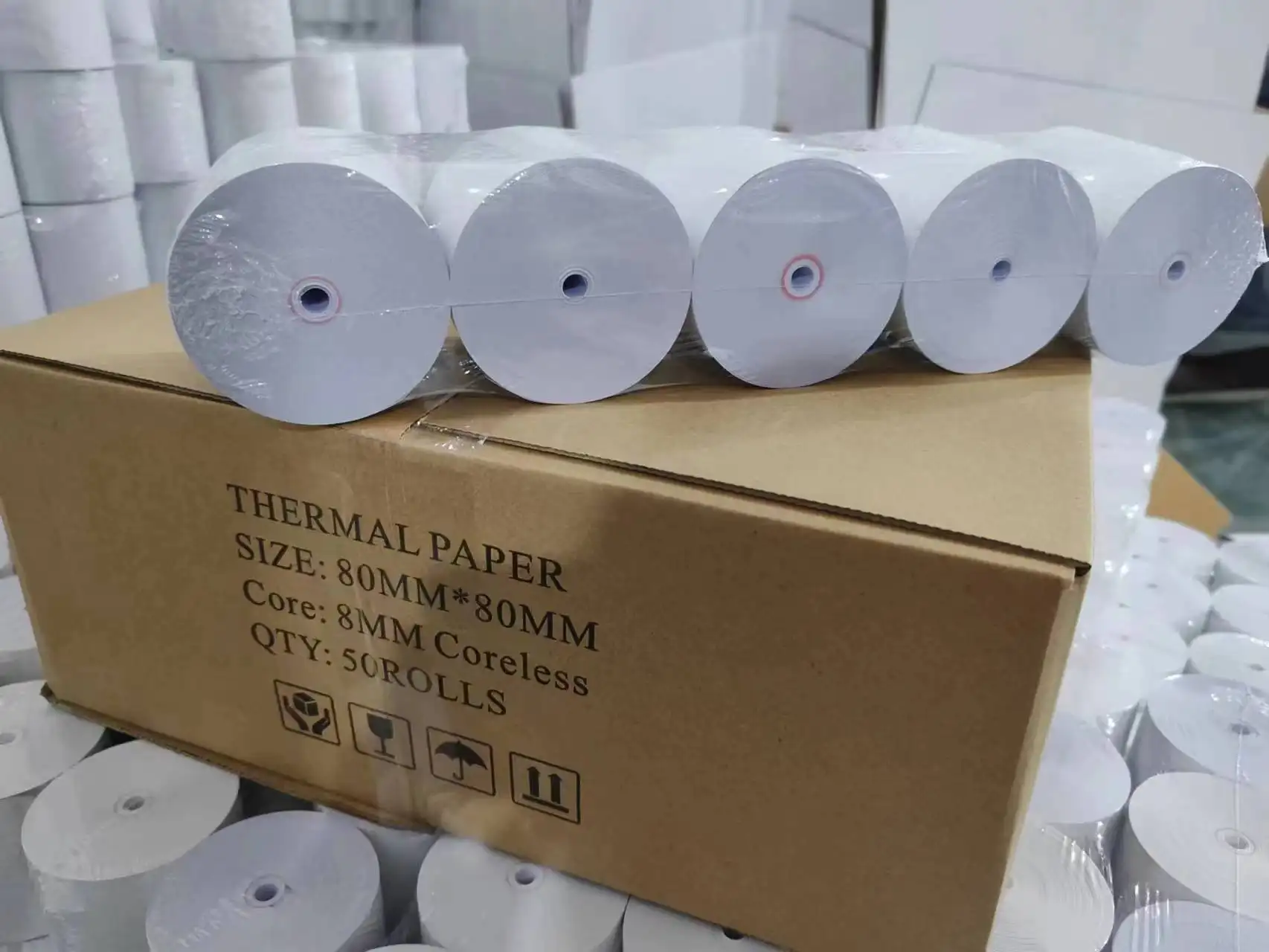 Papel térmico de impresora POS 65gsm 57x30mm 80*80mm rollo de papel sin núcleo para papel térmico de sistema POS/ATM